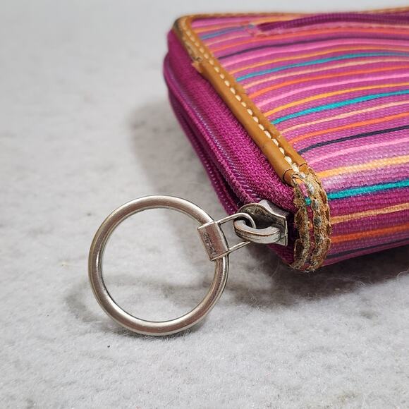FOSSIL Keyper Clutch Wallet Pink-Purple Stripe 3 Pocket Zip Around Closure Disc - Picture 4 of 14